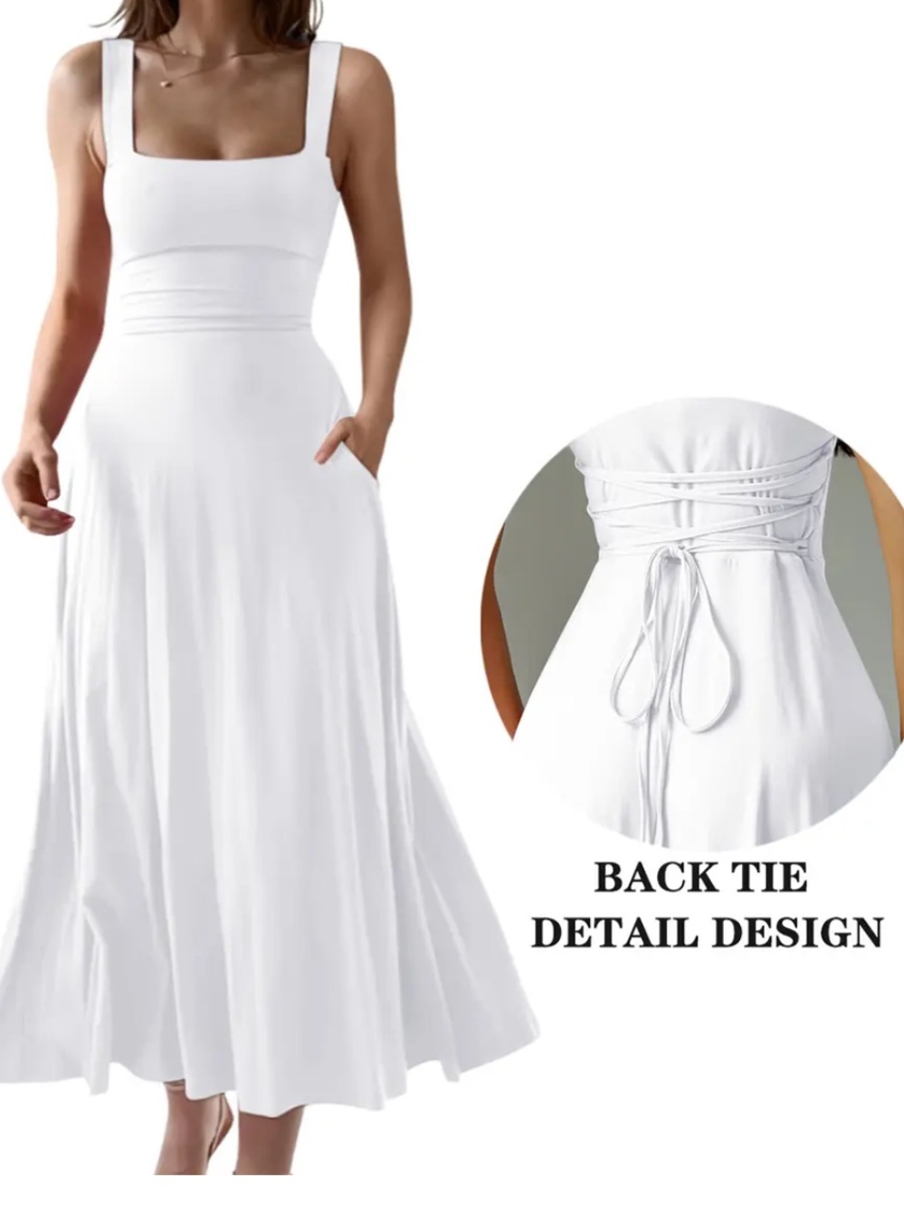 OYS Midi Dress Sleeveless Square Neck A-Line Flowy Back Tie Pockets White S NWT - Picture 2 of 7